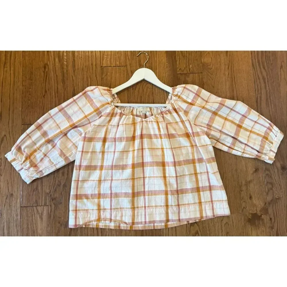 Loft puff sleeve gingham orange blouse M petite
